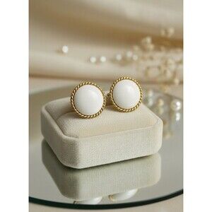 Trifari Gold Tone White Cabochon Clip On Earrings 0.75 Inch Vintage